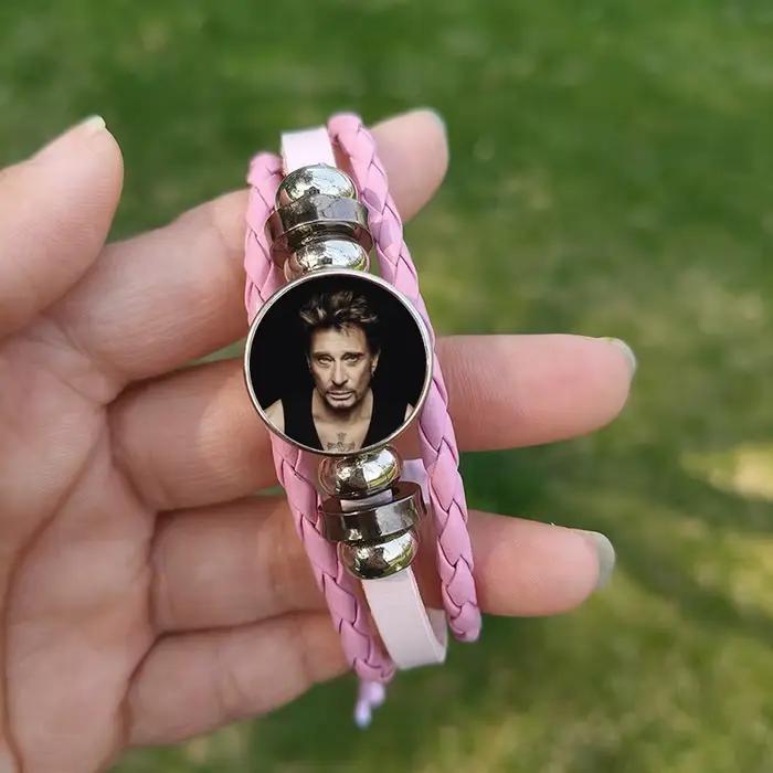 Bracelet Johnny Hallyday NouLité 2024 pour Homme, Affiche Rock Star, Bouton Verre, Rose, Bleu, Noir, Bracelets GérJewelry