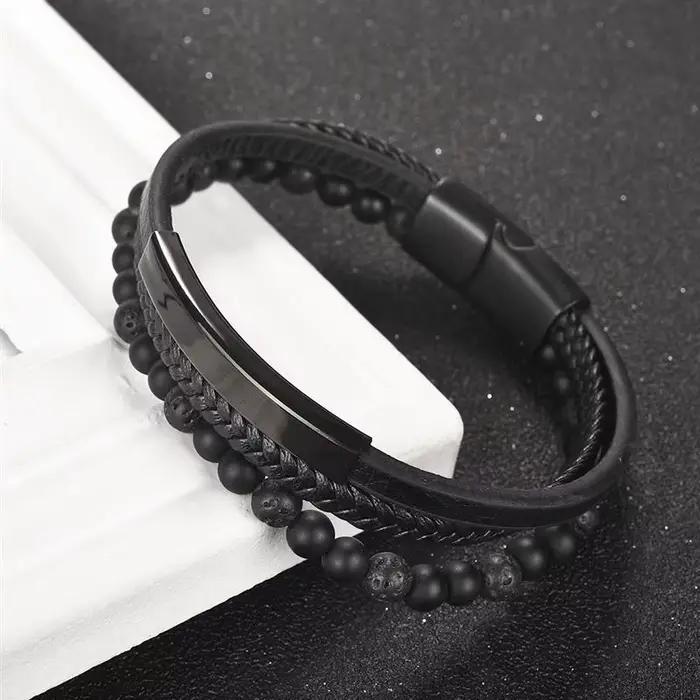 Bracelet en cuir multicouches pour hommes, perles en pierre naturelle, bijoux Punk en acier inoxydable, fermoir magnétique, cadeau