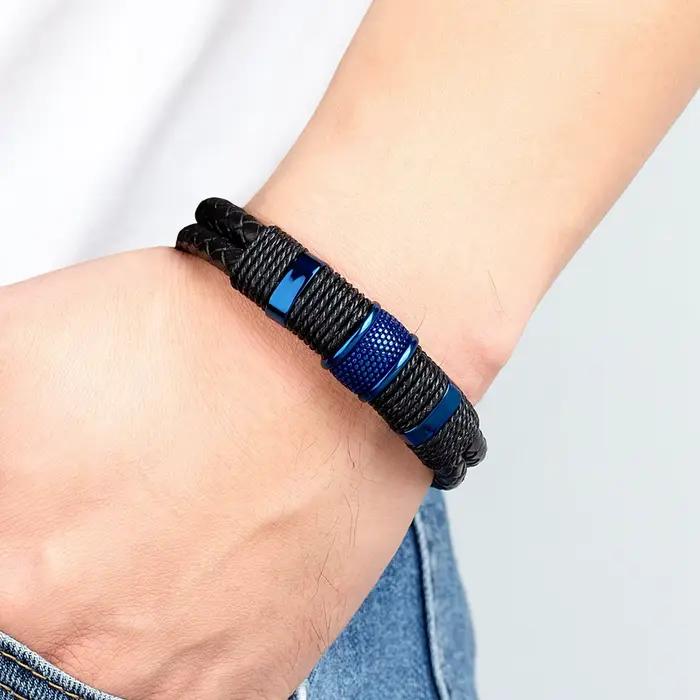 XQNI Double couche tressé corde Wrap Bracelets en cuir pour hommes charme bleu noir classique en acier inoxydable bracelet Couple bijoux