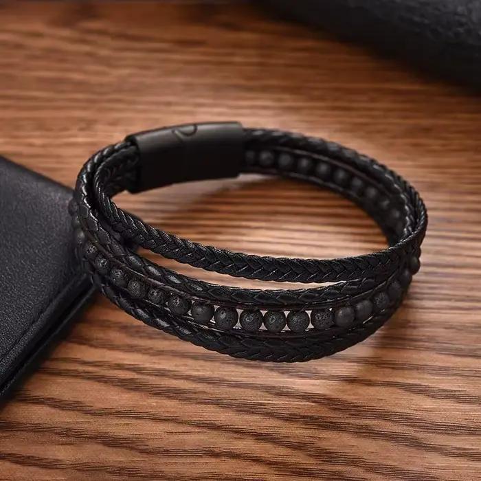 Bracelet en cuir multicouches pour hommes, perles en pierre naturelle, bijoux Punk en acier inoxydable, fermoir magnétique, cadeau