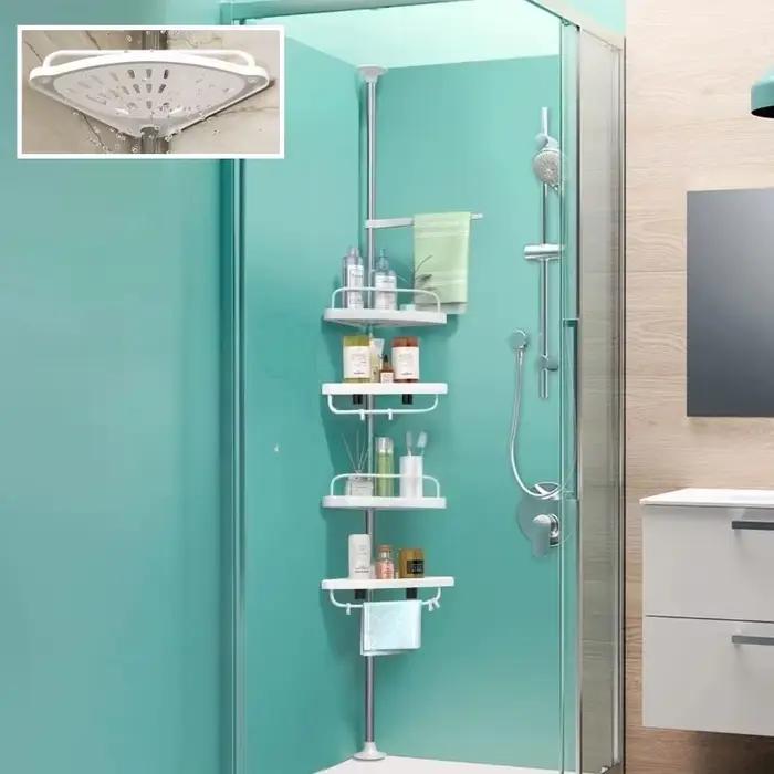 Barre de douche réglable sans perçage en acier inoxydable avec porte-serviettes, organisateur plafond-sol et étagère d'angle pour salle de bain