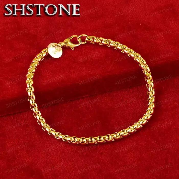 Bracelet populaire en or 18 carats, chaîne en forme de boîte de 4 mm, en argent sterling 925, pour hommes et femmes, pour mariage, fête d'anniversaire, bijoux à la mode, cadeaux