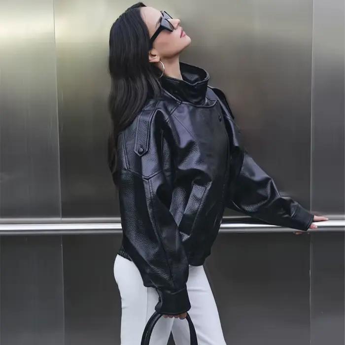 MUJER Faux cuir femme veste noir surdimensionné Bomber vestes pour femmes vêtements d'extérieur hiver pardessus femme mode veste femme