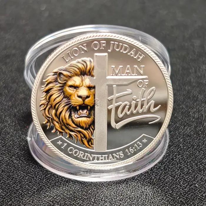 Nouvelle pièce de défi Chevalier Templier Argenté 2026 – Homme de Foi Lion de Juda – Pièce de collection religieuse chrétienne – Cadeau pour Hommes