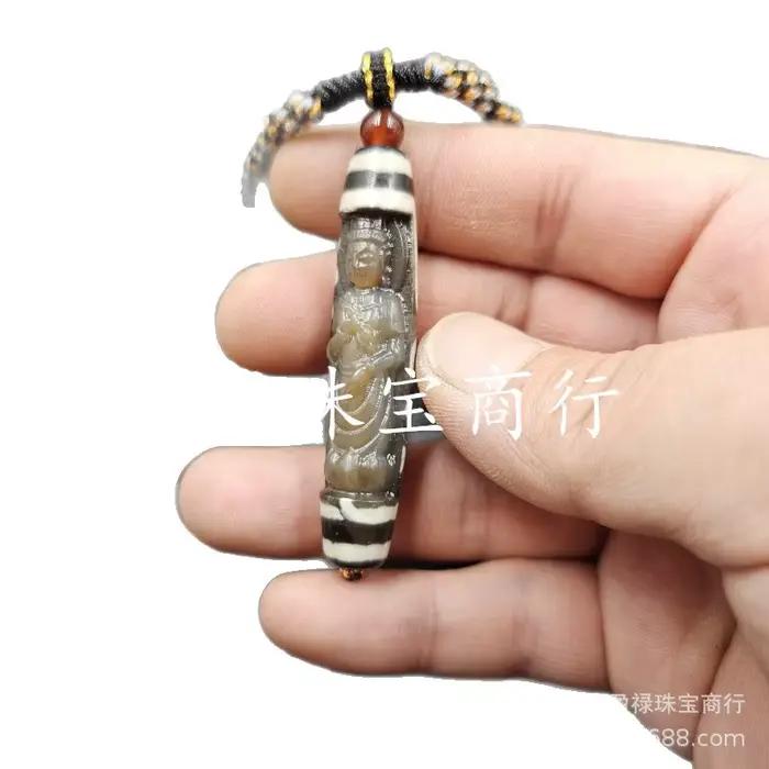 Pendentif patine Guanyin Dzi en perles de Jade, collier ovale en Agate noire et blanche, chaîne de pull