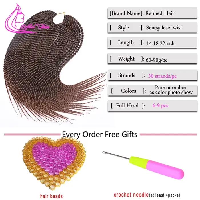 Cheveux raffinés synthétiques petites tresses au Crochet tresse torsadée sénégalaise 30 racines/pièce Extensions de cheveux tressés pour femmes africaines et filles