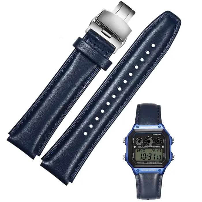 Pour Casio rétro petit carré A159W-N1 A158WA A168 A159 AE1200 AQ230 700 bracelet de montre en cuir véritable convexe 18mm bracelet intelligent