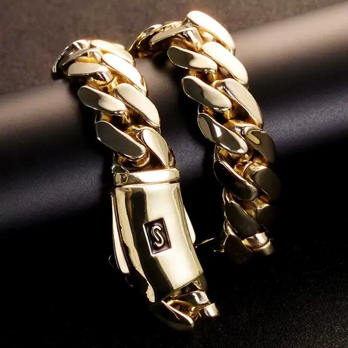 Bracelet Monaco 20mm plaqué or 14 carats pour homme et femme bijou hip hop rock style cubain chaîne robuste occasionnels