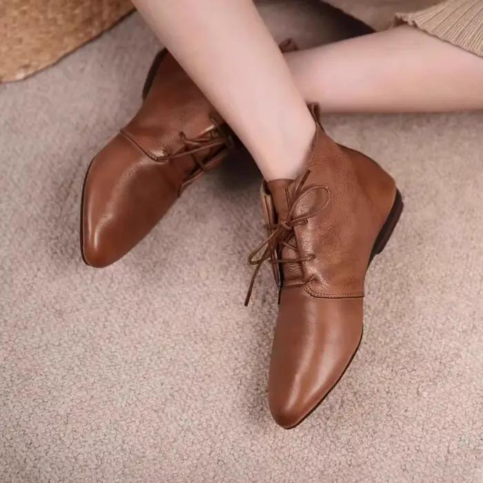 Bottines en cuir de couleur unie pour femmes, chaussures plates à lacets à bout pointu, décontractées, rétro, à coudre, mode automne 2026