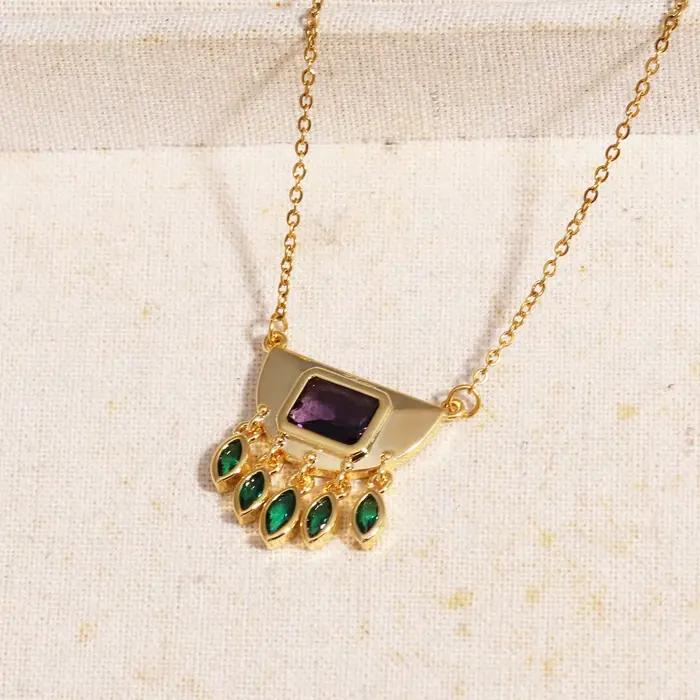 Collier avec pendentif à pampilles en Zircon ovale vert demi-rond en acier inoxydable pour femmes, usage quotidien, chaîne de cou à la mode, bijoux imperméables