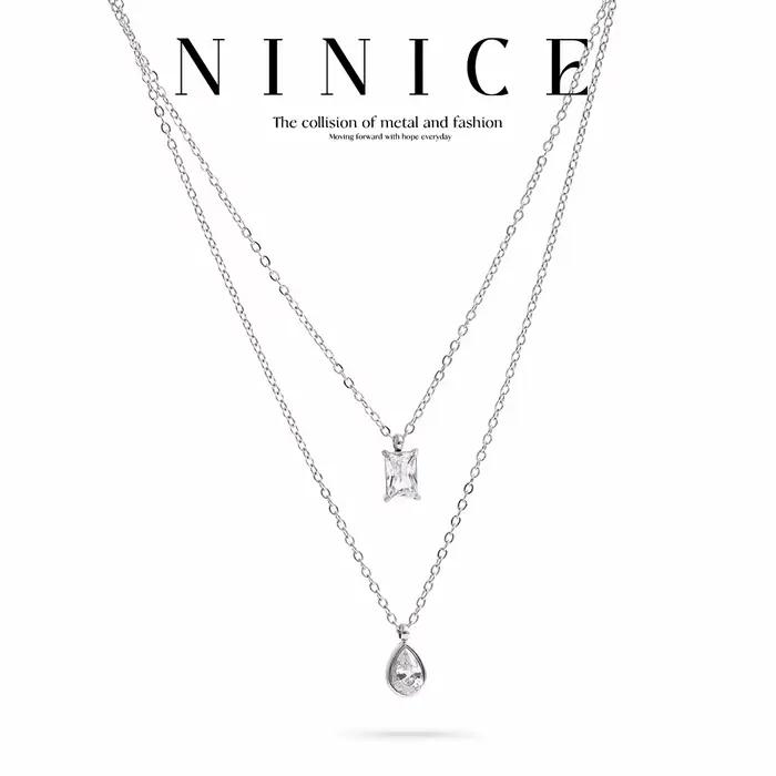 NiNice – collier en acier inoxydable, Double couche, empilé avec pendentif goutte d'eau en zircone cubique, à la mode, cadeau doux populaire