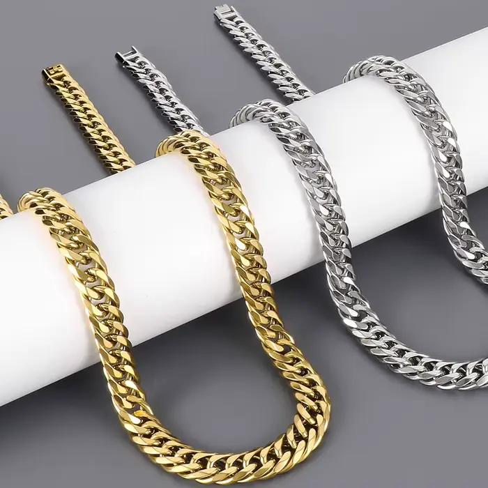 Collier chaîne à maillons de 12 mm de largeur pour hommes, finition polie mate, acier inoxydable 316L, collier ras du cou, couleur or, bijoux hip-hop pour homme