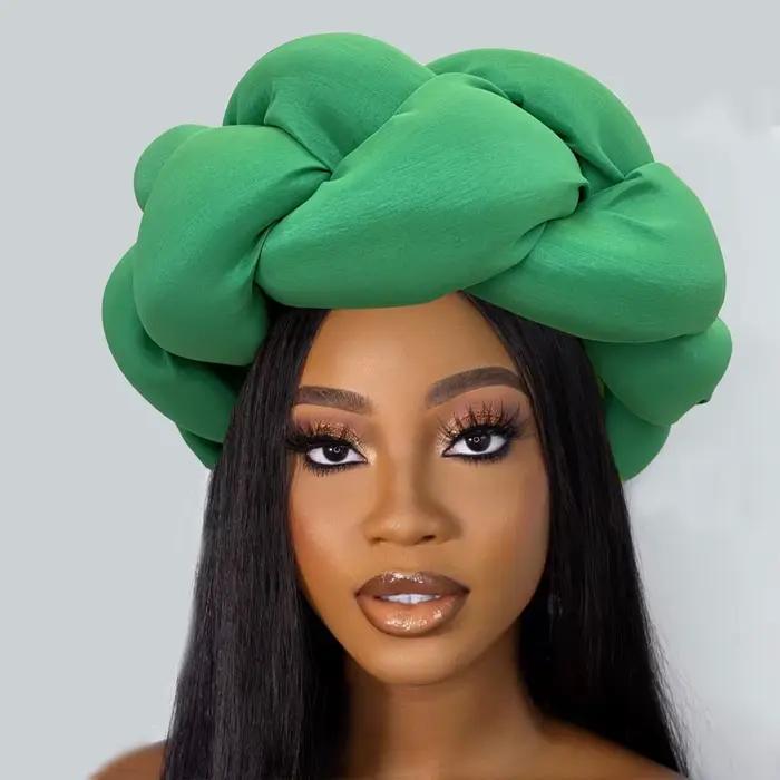 Grande tresse exagérée bandeau africain en soie brute Turban casquette pour les femmes Nigeria fête de mariage casque femme bandeau
