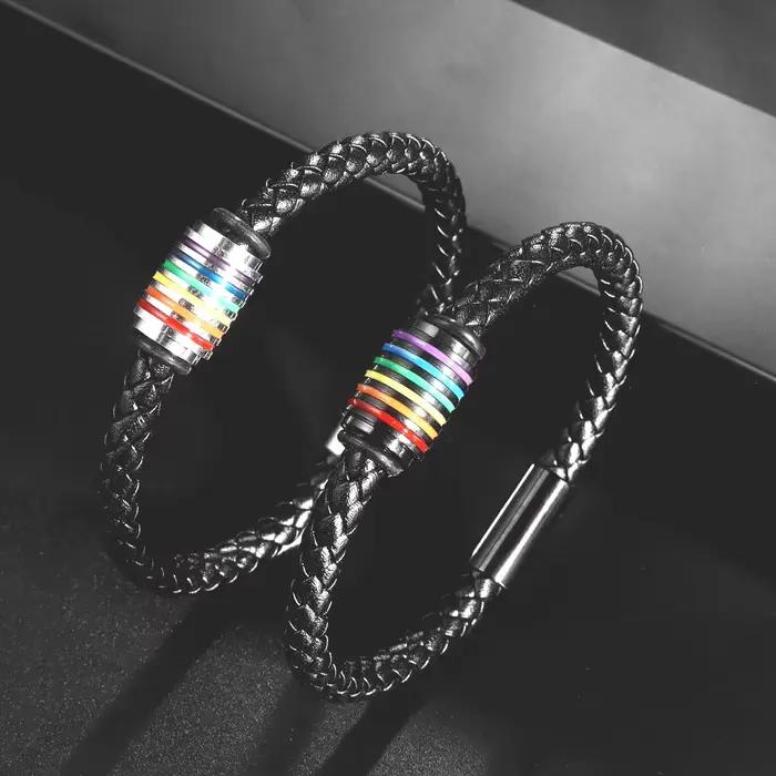 Bracelet tendance en cuir tressé avec perles arc-en-ciel
