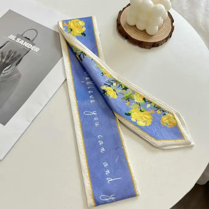Écharpe en ruban de soie satiné polyvalente, tendance, florale fraîche, longue et fine, cravate pour cheveux, sangle de sac étroite pour femmes