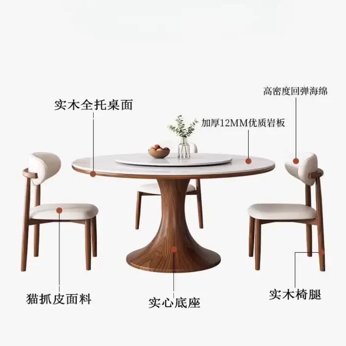 Table à manger ronde moderne et simple avec plateau tournant, table à manger haut de gamme en ardoise et bois massif, et ensemble de chaises