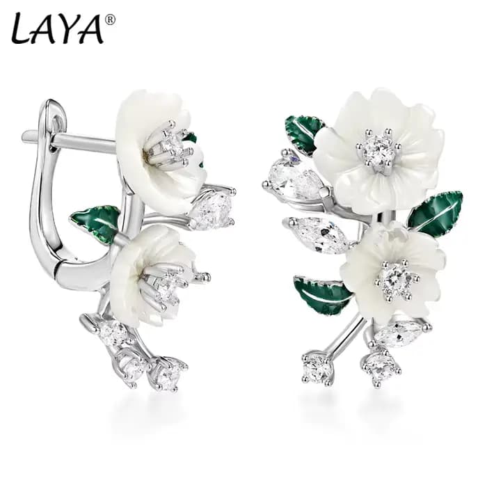 Laya boucles d'oreilles pour femmes haute qualité Zircon coquille naturelle fleur feuille verte émail 925 en argent Sterling mode bijoux modernes