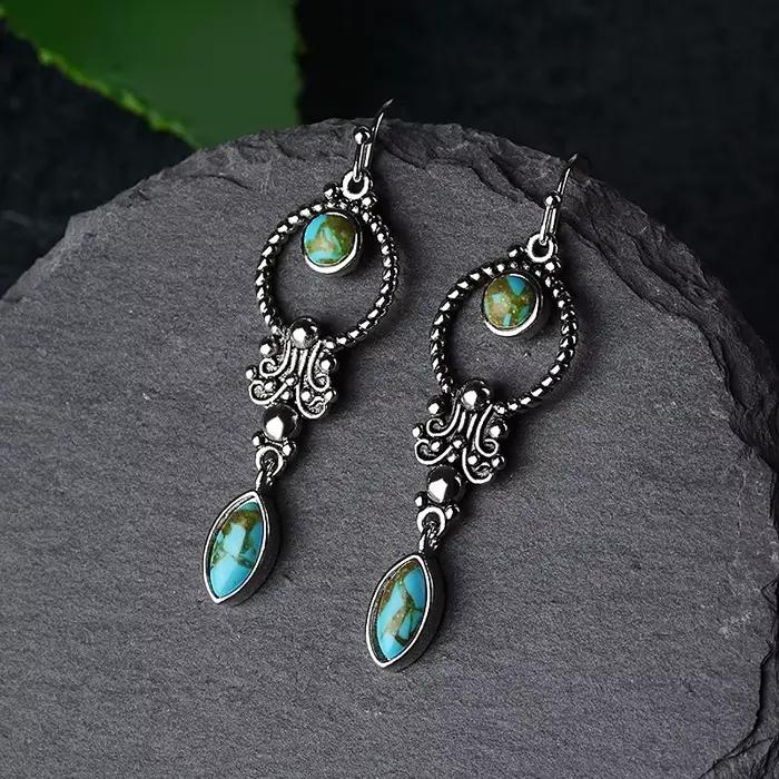 JoiasHome-Boucles d'Oreilles sulfTurquoise Incrustées pour Femme, Argent Sterling 925, Style Ethnique Thaïlandais, Cadeaux de Mariage Vintage