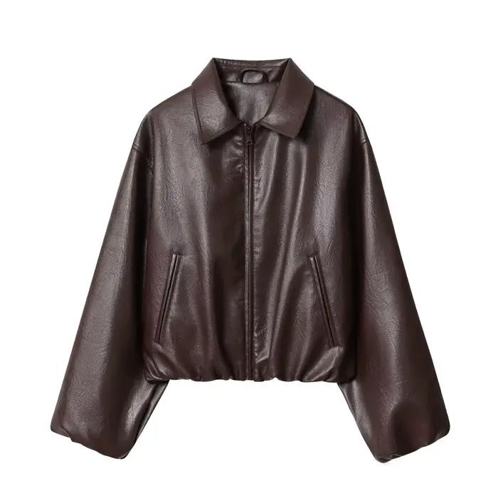 Veste bombardier en Faux cuir pour femmes, manches longues, Chic, vêtements d'extérieur, élastique, fermeture éclair en PU, Vintage, décontracté, manteau à col rabattu