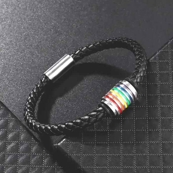 Bracelet tendance en cuir tressé avec perles arc-en-ciel