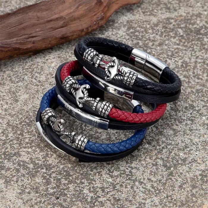 Bracelet ancre en cuir multicouche Vintage pour hommes et femmes