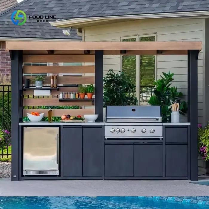 Cuisine extérieure sur mesure de qualité supérieure, style premium, avec évier et réfrigérateur intégrés, cuisines de jardin en acier corten résistant à la rouille