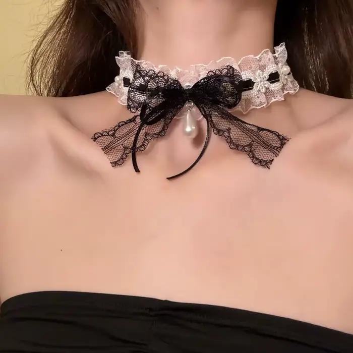 Collier ras du cou élégant en dentelle blanche avec nœud perlé, collier en dentelle tridimensionnel féminin pour rendez-vous, thé Lolita