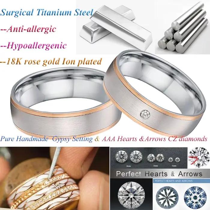 Alliances de mariage pour hommes et femmes, bagues de couple pour amoureux d'alliance, bijoux en acier inoxydable plaqué or rose