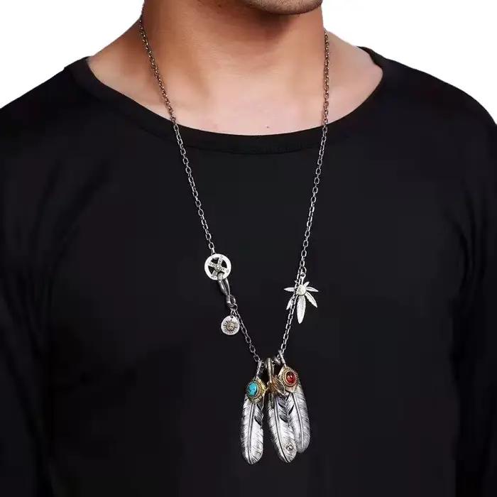 Collier chaîne rétro avec pendentif plume turquoise, pour hommes et femmes, longue chaîne de pull vintage, bijoux de mode