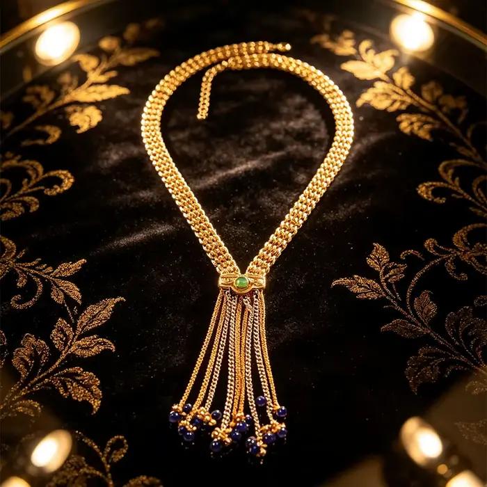 Collier lariat à pampilles en maille métallique, chaîne principale large en maille dorée tissée à la main, incrusté de cabochon vert naturel, superposé multicolore