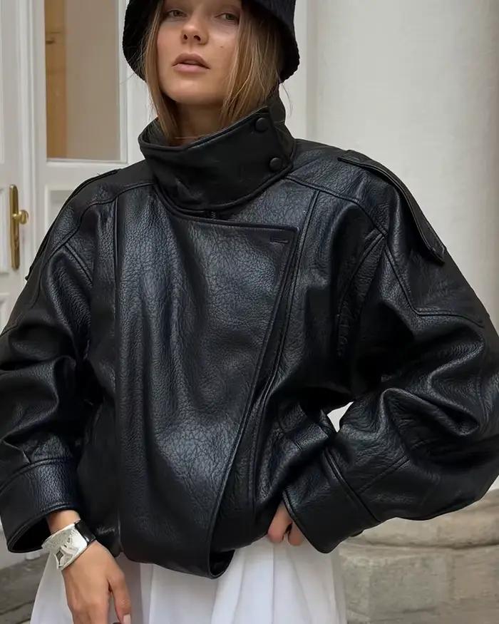 Veste en similicuir pour femme, nouvelle mode, manches longues, veste polyvalente, chic et originale, manteau pour femme, automne hiver, vêtements d'extérieur pour femmes