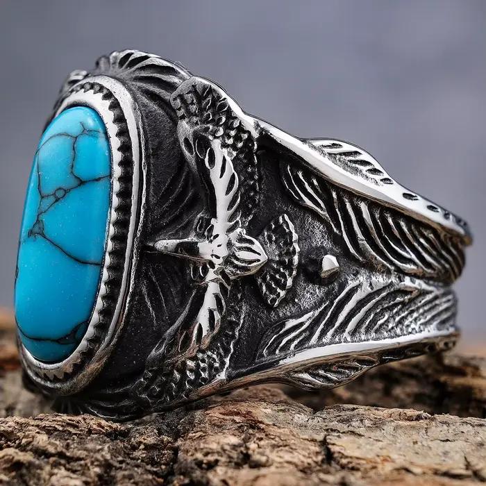 Bague en acier inoxydable avec pierres précieuses, turquoise tendance, pour homme, style punk, cadeau idéal pour petit ami, livraison directe