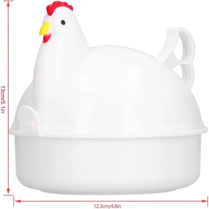 Cuiseur à œufs micro-ondes en forme de poulet, peut cuire 4 œufs, coque en plastique dur, matériau en alliage d'aluminium, peut cuire des œufs doux ou ferme.