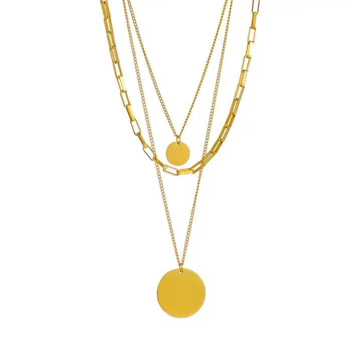 DIEYURO 316L acier inoxydable couleur or 3in1 pendentif rond collier pour femmes mode filles multicouche chaîne cou bijoux cadeau