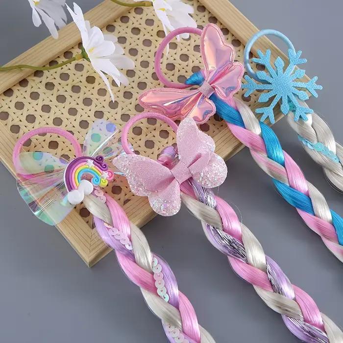 Littler filles longue tresse cheveux Rose enfants arc-en-ciel perruque cravate enfants sirène coiffe de tête princesse filles Elsa Cosplay accessoires ZX07