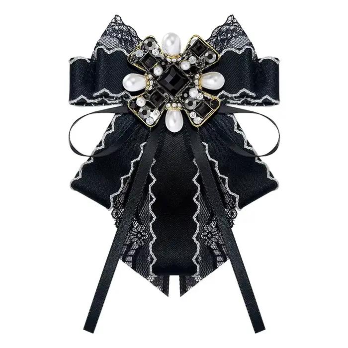 Épingles de col de chemise vintage en perles noires et strass avec nœud papillon pour femmes, avec long ruban en dentelle, accessoire de bijouterie élégant