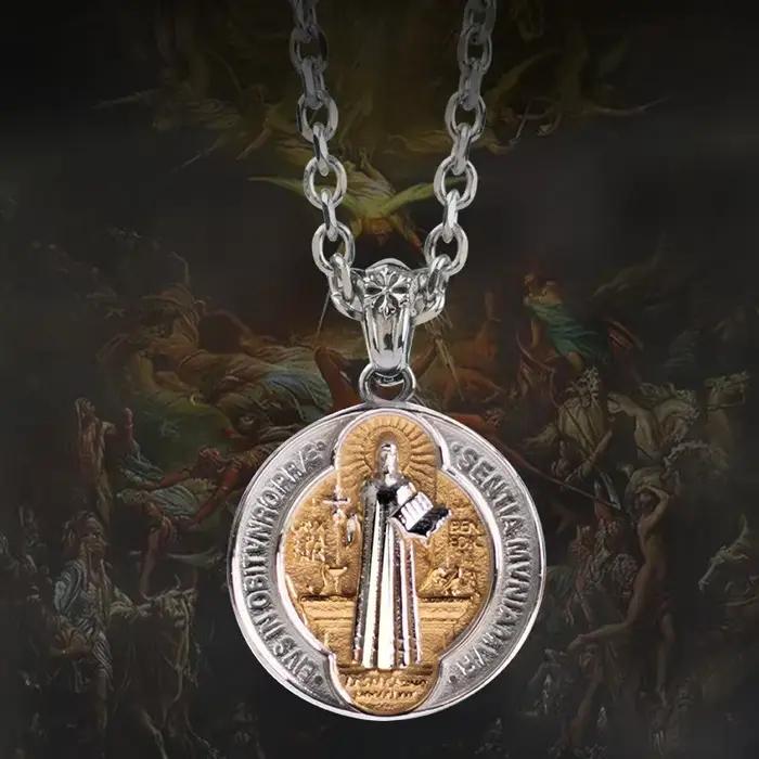 Collier Religieux Vintage en Titane et Acier, Bijou avec Croix et Texte de Prière, Saint Benoît, PmotExorciste