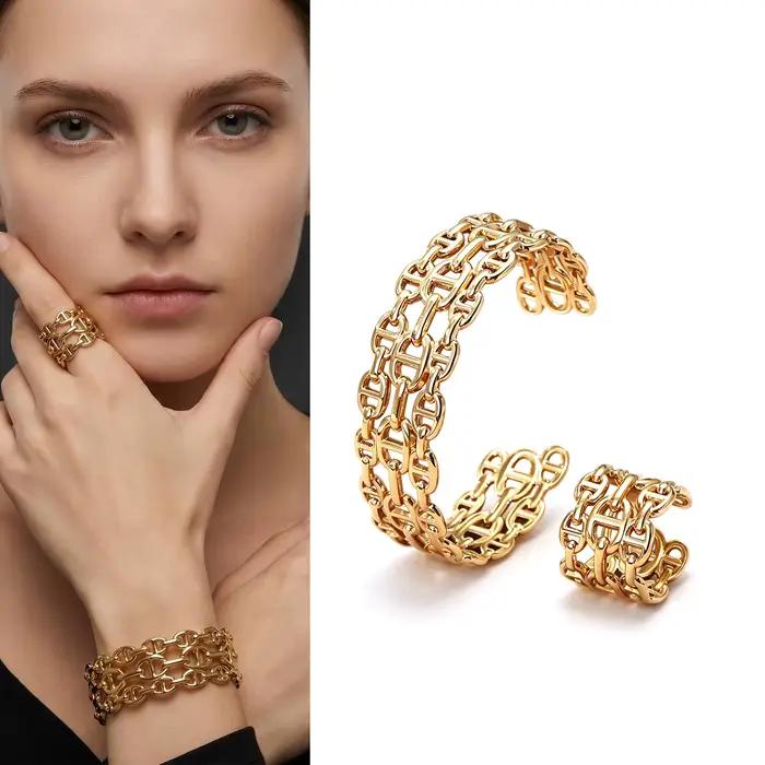 Ensemble de bijoux plaqué or 18 carats avec bracelet jonc ouvert à maillons de chaîne et bague, bijoux de déclaration élégants pour femmes, pour les sorties, les fêtes et les occasions de mariage