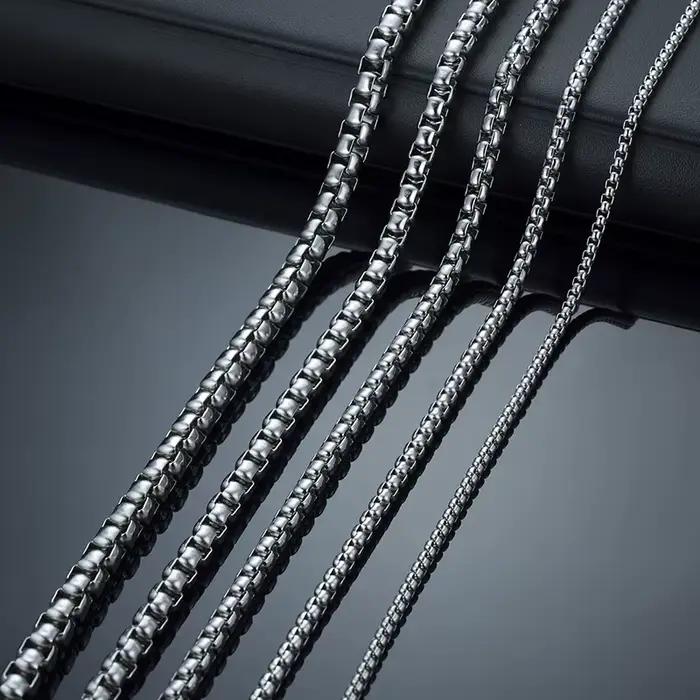 Chaîne de boîte ronde pour hommes et garçons, colliers de chaîne en acier inoxydable plaqué or argent noir, cadeaux de bijoux unisexes, 18 à 30 pouces