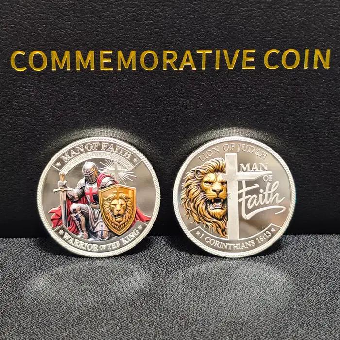 Nouvelle pièce de défi Chevalier Templier Argenté 2026 – Homme de Foi Lion de Juda – Pièce de collection religieuse chrétienne – Cadeau pour Hommes