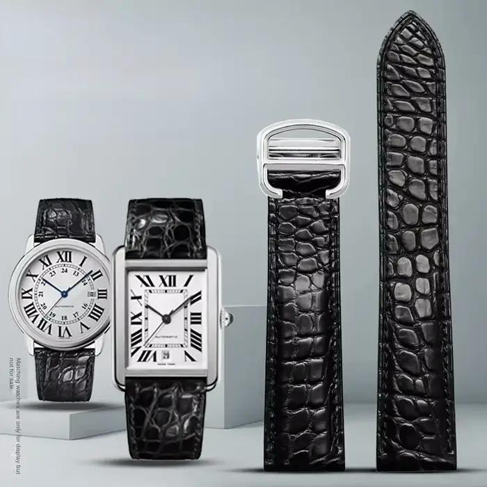 Bracelet pour homme Cartier en cuir véritable, modèle Tank Solo Key London Calibo, 20 22 23 24 25 mm, noir, marron, bleu