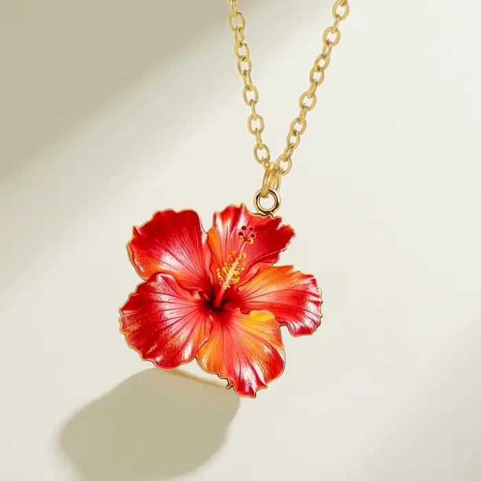 Collier Fleur d'Hibiscus Rouge en Acier Inoxydable Plaqué Or, Colliers Fleur d'Hibiscus Rose pour Femme, Cadeau Bijou