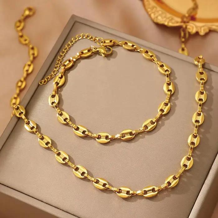Ensemble collier et bracelet en acier inoxydable de luxe pour hommes et femmes, bijoux vintage plaqués or 18 carats en forme de nez de cochon