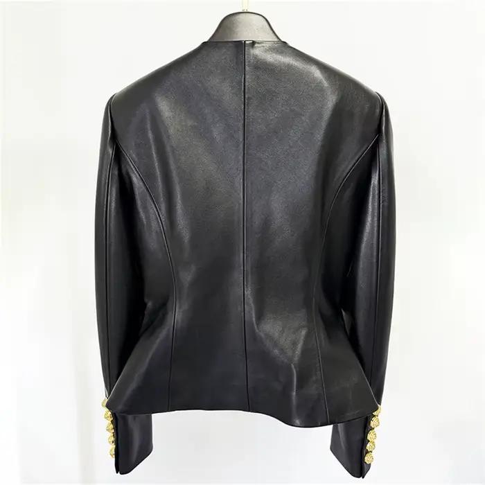 Veste en cuir femme nouveau automne 2025 simple boutonnage coupe ajustée col rond haut à manches longues en cuir artificiel PU manteau femme