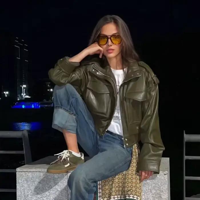 Veste femme veste simili cuir vert femme Demi-saison veste d'extérieur femme automne nouveau dans manteau coupe-vent Streetwear