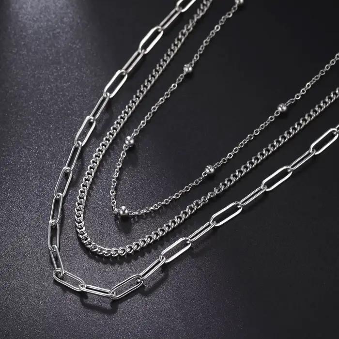 Collier à trois couches en acier inoxydable pour hommes et femmes, hip hop, collier cubain, tour de cou en perles simples, bijoux pour cadeau de fête