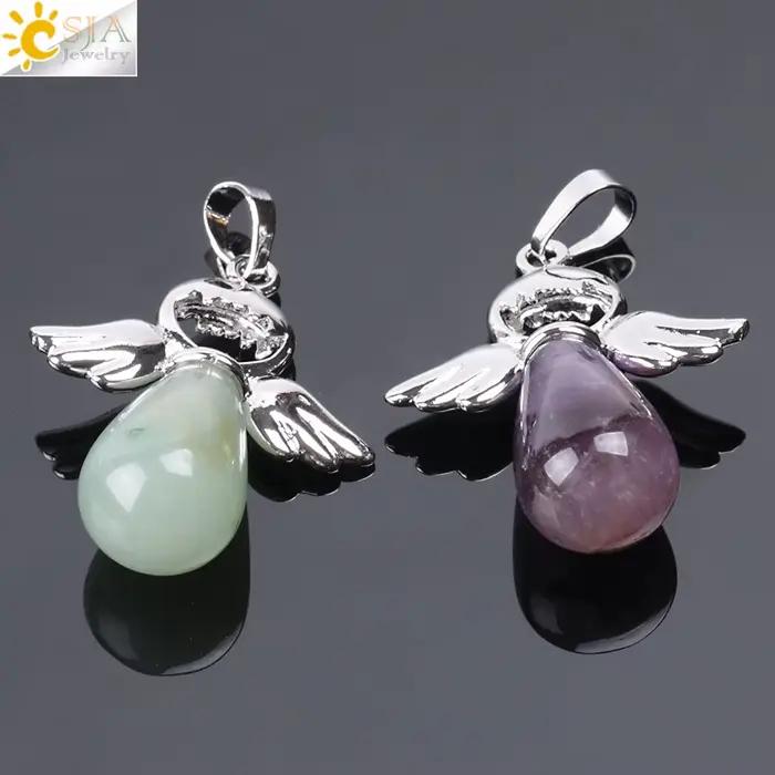 Ange Ailes Pendentif En Pierre Naturelle pour Collier Quartz Rose Onyx Argent-couleur Goutte D'eau Pendentifs Femme Bijoux Cadeau pierre naturelle pendentif pierre naturelle pierre naturelle et crista