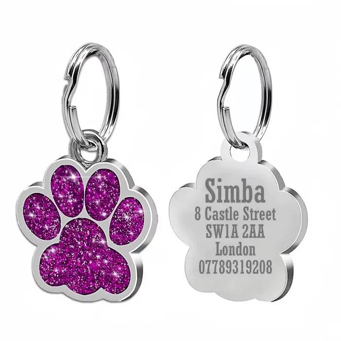 Étiquettes de plaque personnalisées gratuites pour chien et chat, nom d'identification pour chiot gravé, pendentif patte en alliage à paillettes, accessoires pour animaux de compagnie et chiens
