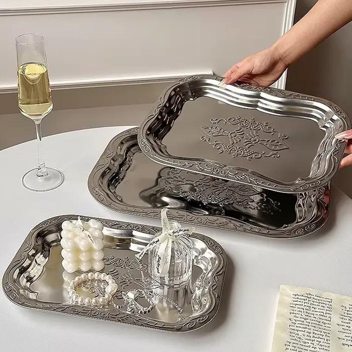 Nouveau plateau rectangulaire en acier inoxydable avec motif en relief pour la cuisine, le salon, le rangement, durable, pour servir des fruits, des collations, des gâteaux