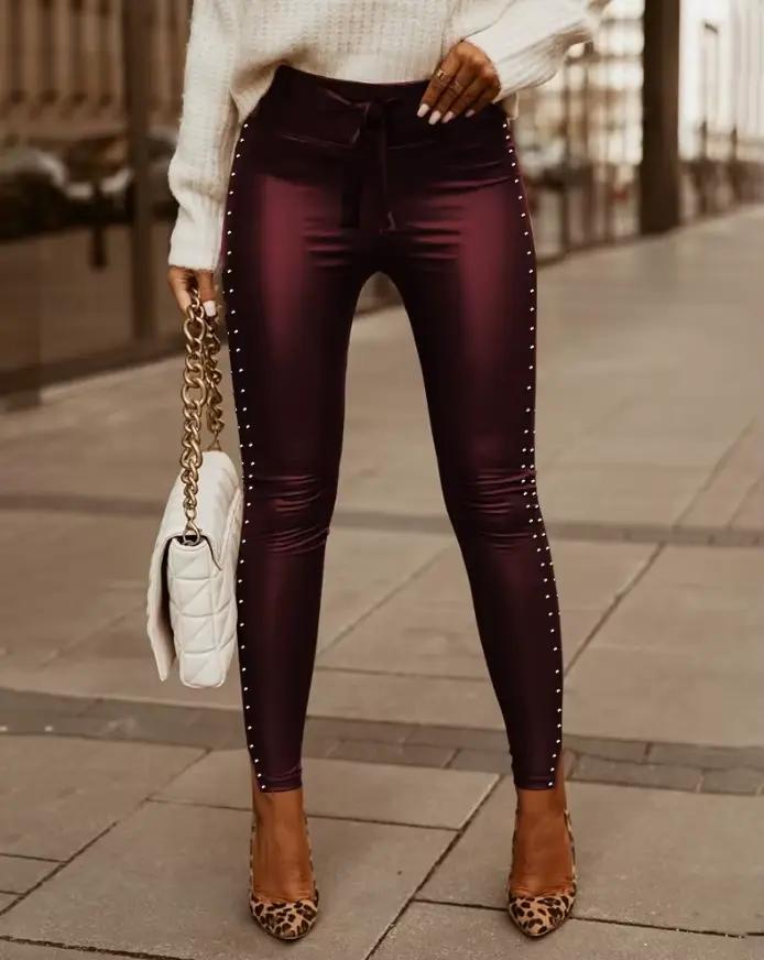 Pantalon en cuir PU taille haute pour femme, pantalon skinny, pantalon noué, uni, décontracté, décor clouté, mode, nouveau, printemps, 2025, 03